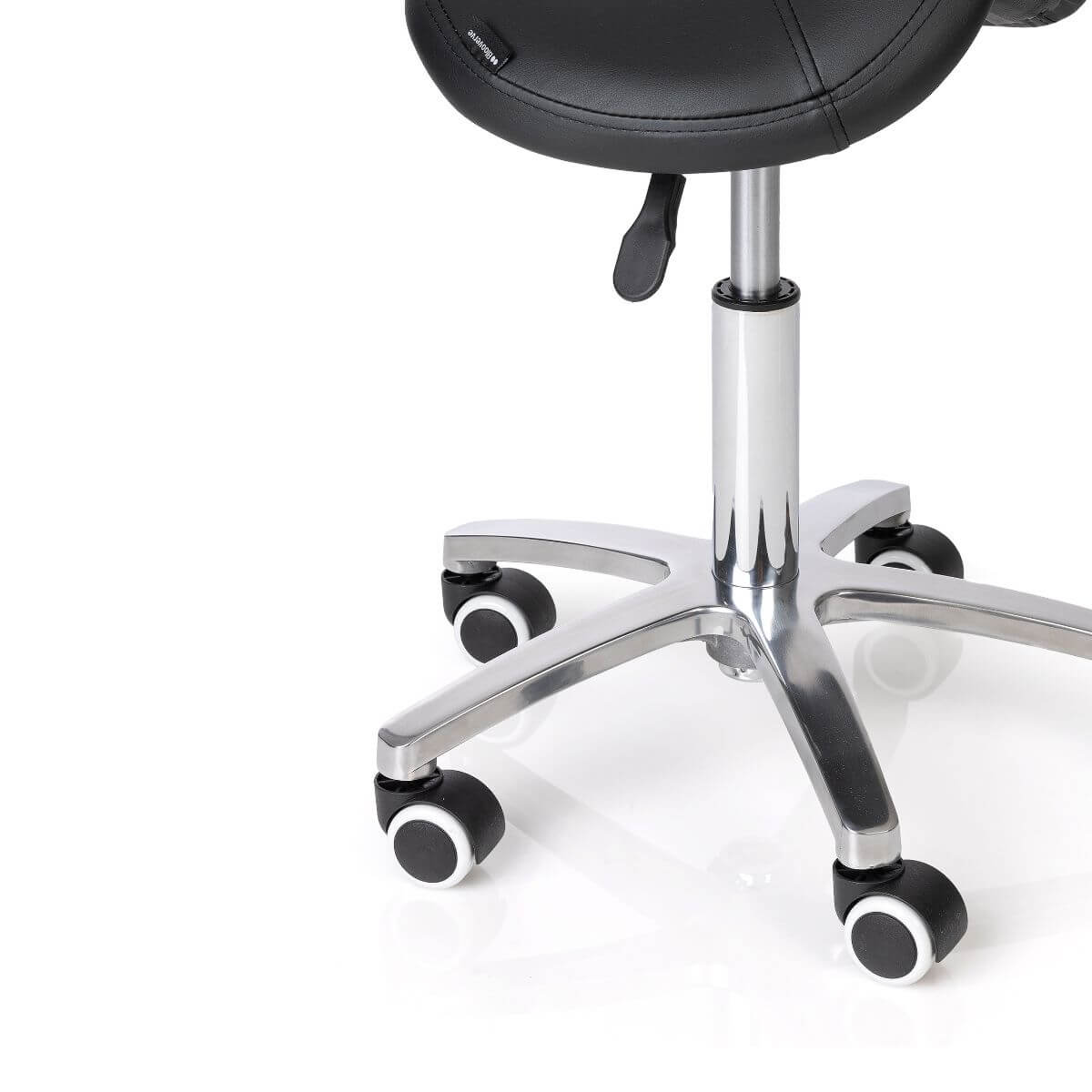 Banco ergonómico em sela preto Huma com rodas e altura regulável para clínicas de fisioterapia e estética