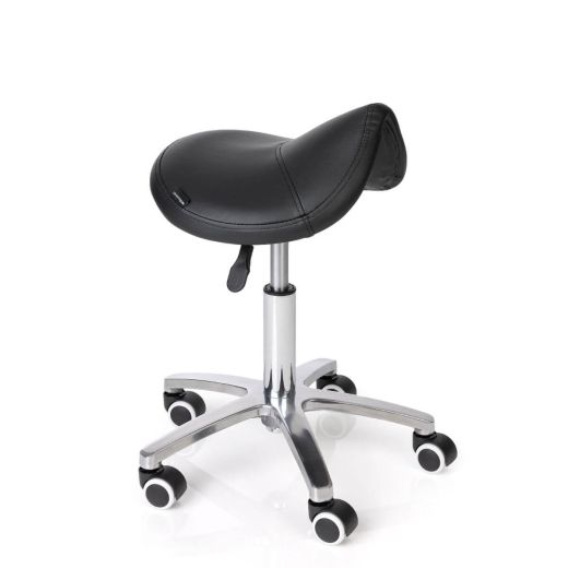 Banco ergonómico em sela preto Huma com rodas e altura regulável para clínicas de fisioterapia e estética